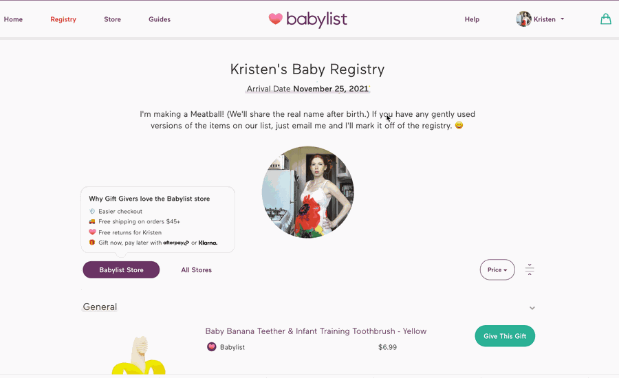 Babylist registry page showing a toggle between the Babylist Store and All Stores