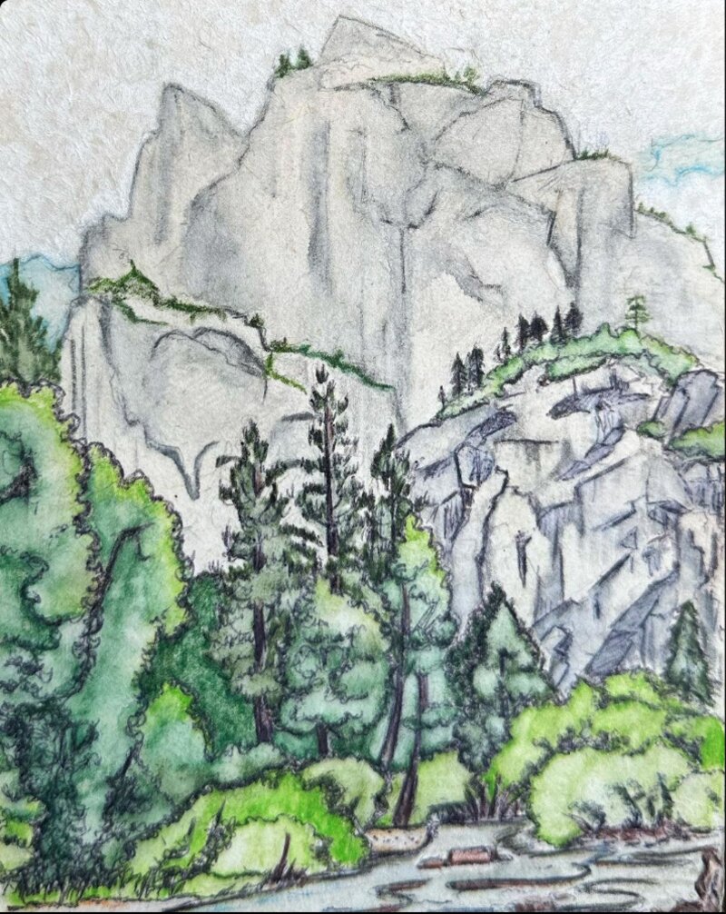 Watercolor and pencil landscape of Kings Canyon National Park, 2021