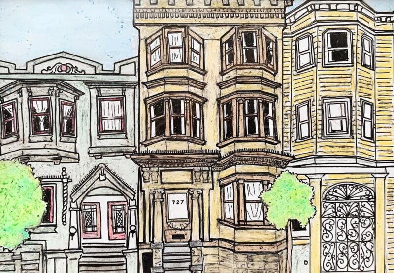 Marker drawing of San Francisco Victorian apartment buildings, 2018
