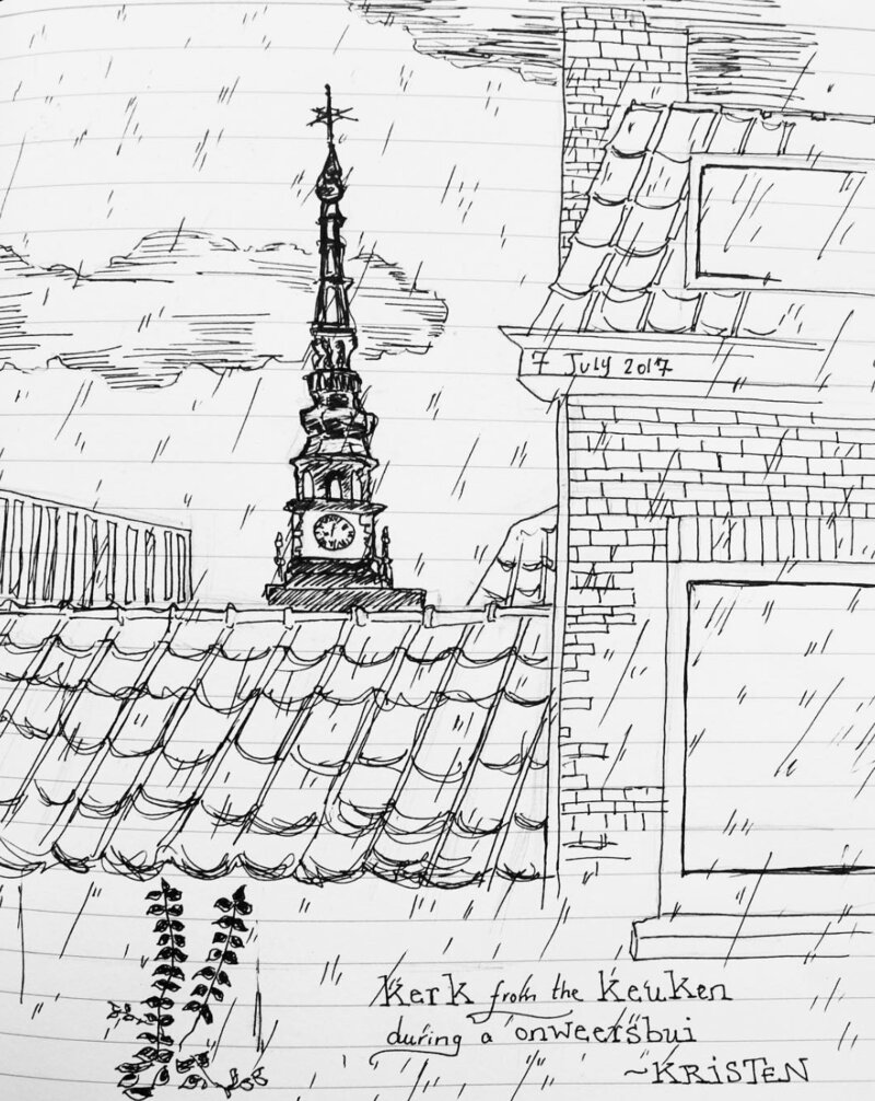 Pen sketch of a church steeple seen from a window in Haarlem, 2017