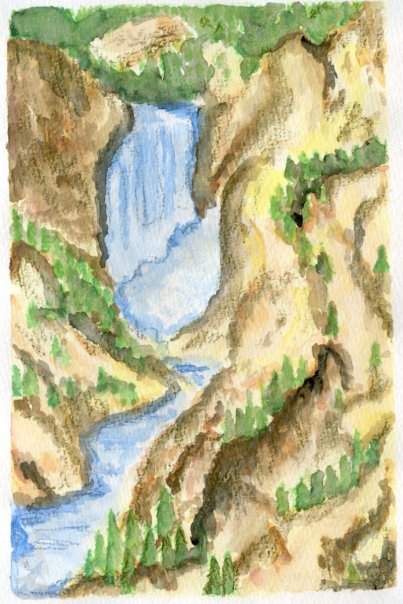 Watercolor painting of a waterfall in Yosemite National Park, 2008