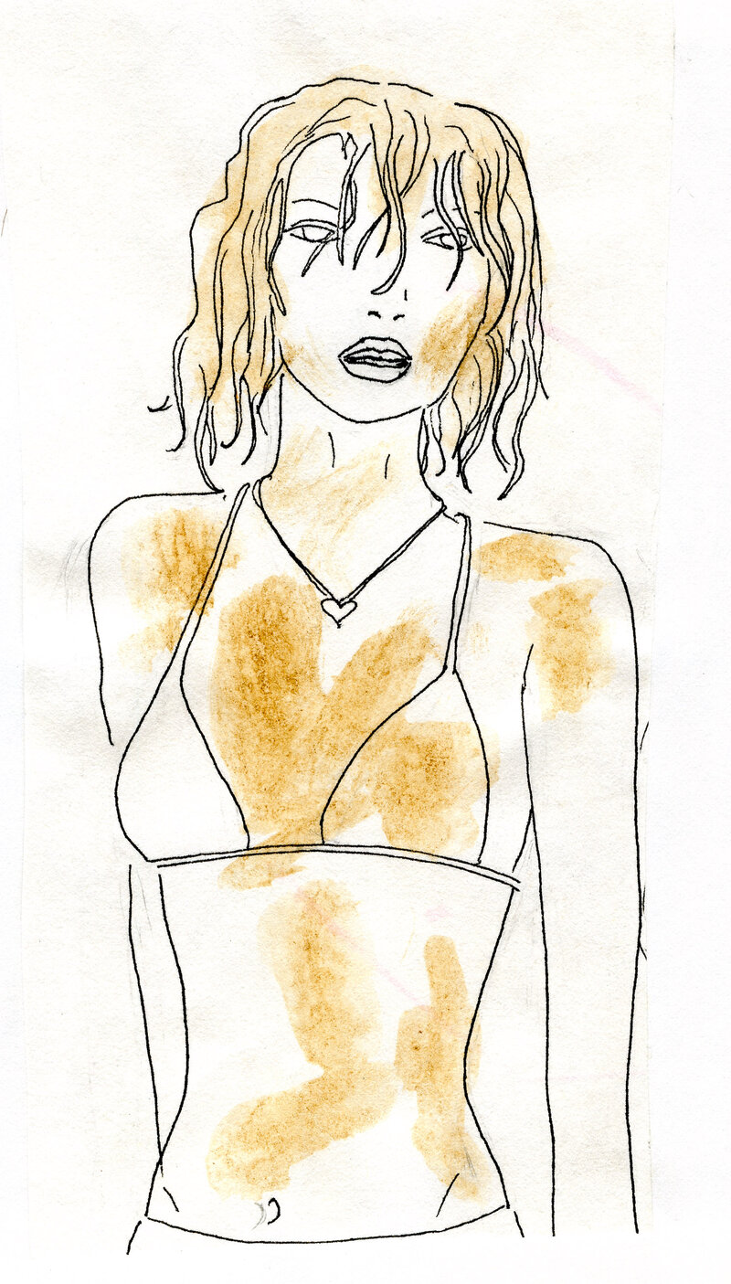 Ink and watercolor portrait of a woman with a heart necklace, 1999
