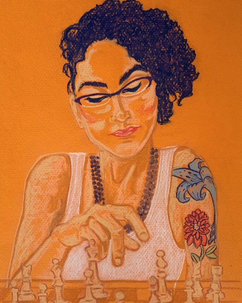 Colored pencil portrait of a woman playing chess