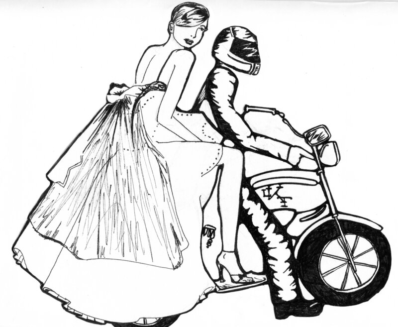 Ink drawing of a bride in a wedding gown riding a motorcycle, 1998