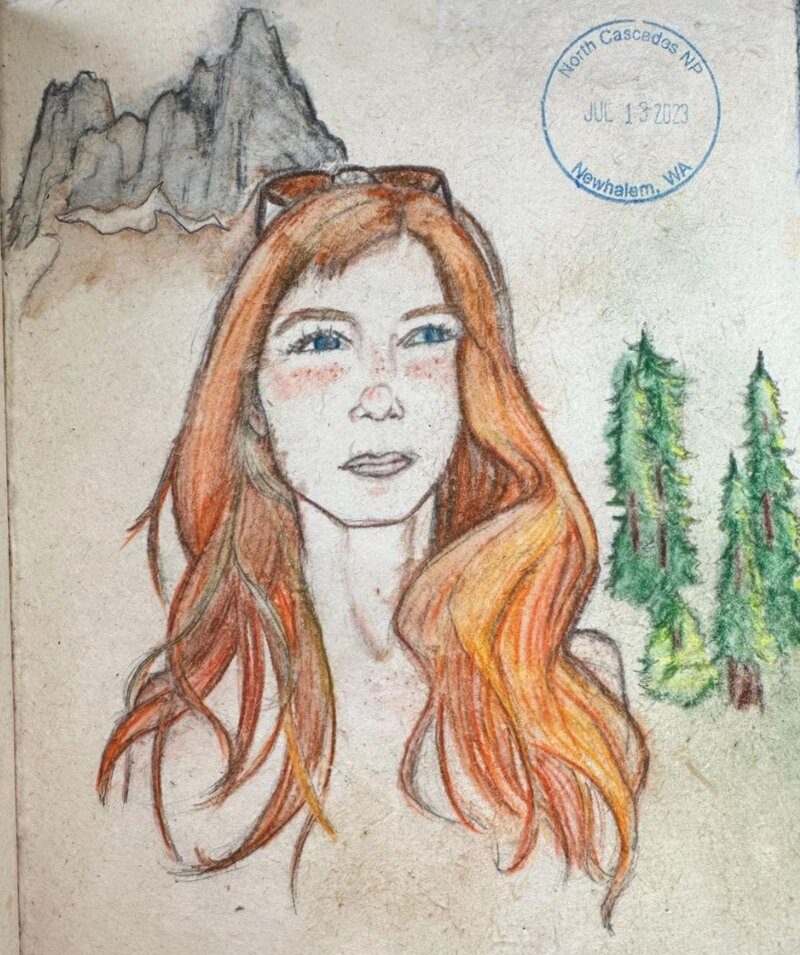 Colored pencil self-portrait, North Cascades National Park, 2023