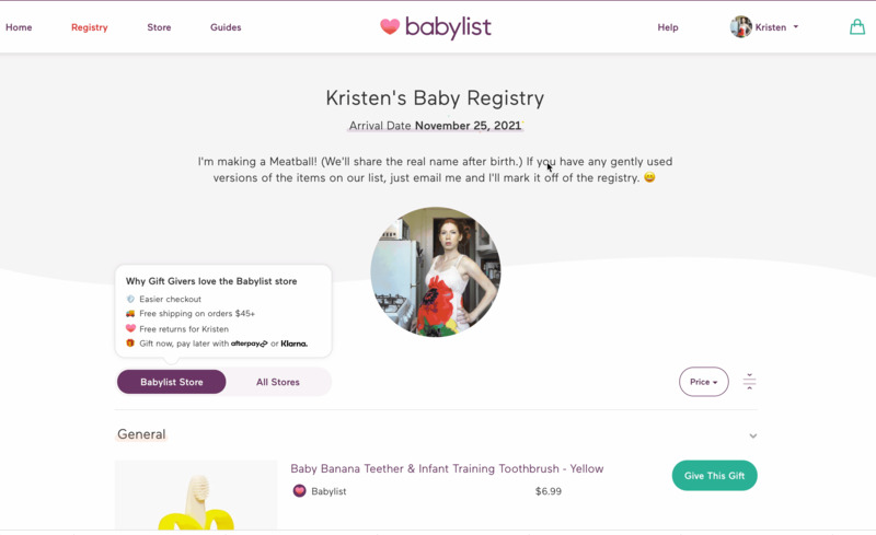 Babylist registry page showing a toggle between the Babylist Store and All Stores