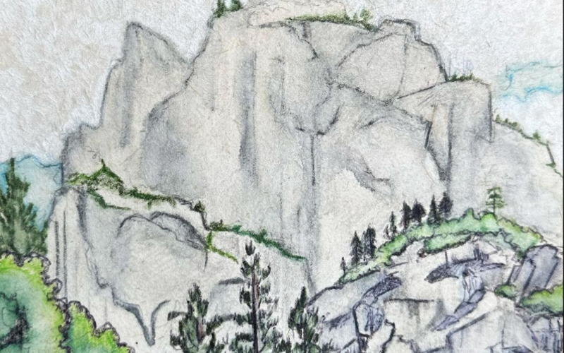 Watercolor and pencil landscape of Kings Canyon National Park