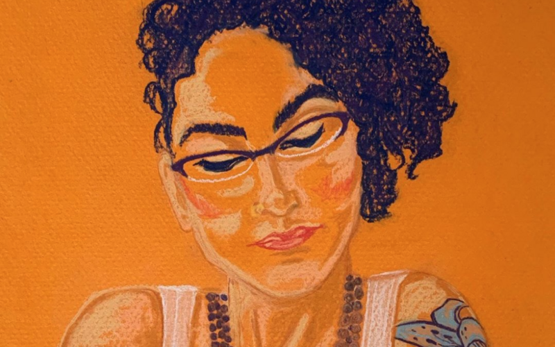 Colored pencil portrait of a woman playing chess