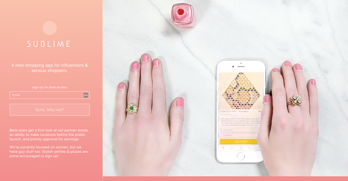 Sublime app landing page with waitlist signup and a phone mockup of the product