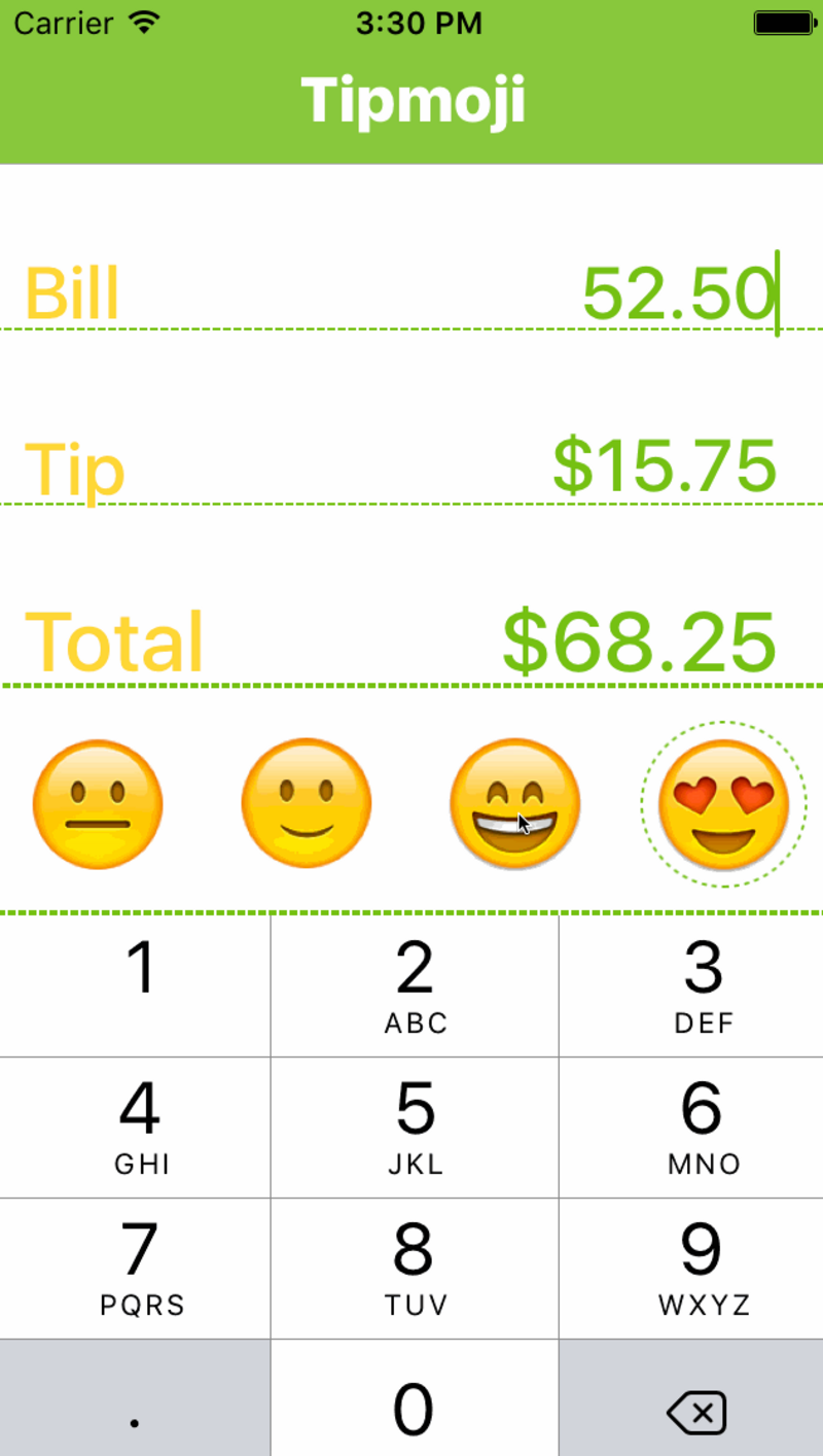 Tipmoji app calculating a tip and total with emoji reactions