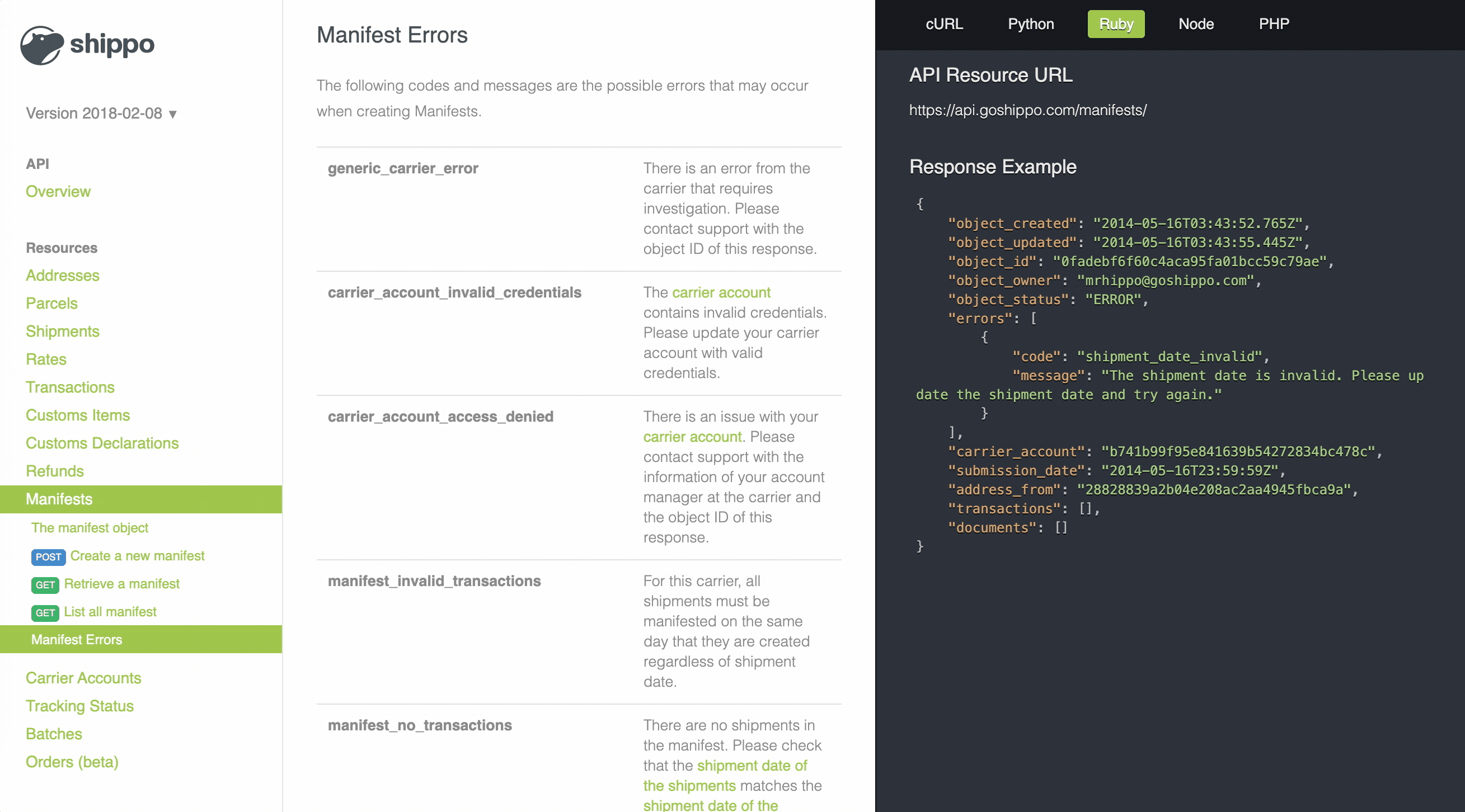 Shippo API documentation listing Manifest error codes and messages, with a response example