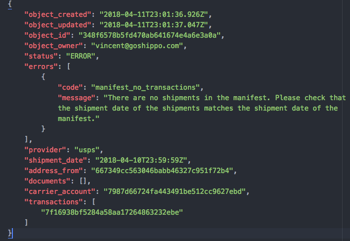 Example manifest error response with a manifest_no_transactions error code and message