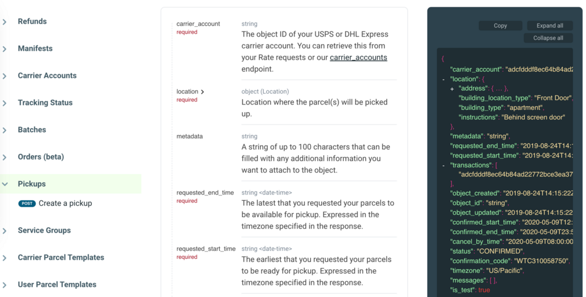 Shippo API documentation for the new Pickups endpoint, showing request and response parameters