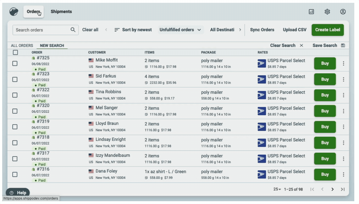 Demo of the Shippo orders dashboard used to buy carrier rates and labels