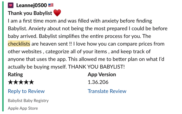 5-star app review: 'Thank you Babylist... The checklists are heaven sent!!'