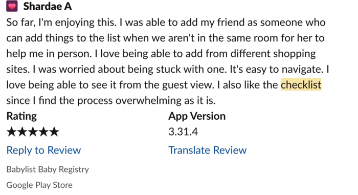 5-star app review: 'I also like the checklist since I find the process overwhelming as it is.'