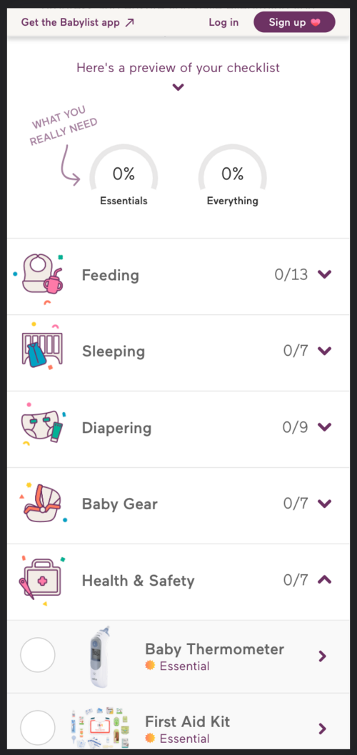 Baby Registry Checklist SEO landing page preview of the interactive checklist