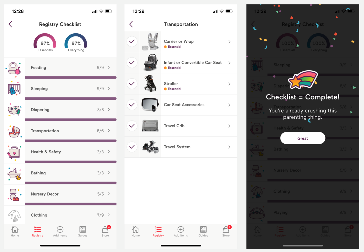 Shipped Registry Checklist screens showing category progress bars and a Checklist = Complete! celebration moment with confetti
