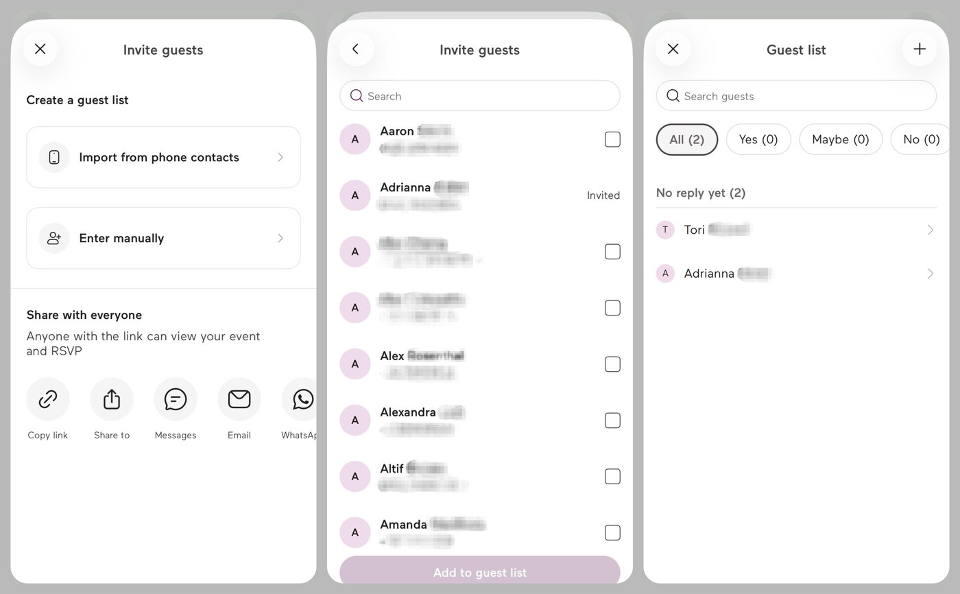 Invite guests flow: creating a guest list, inviting guests, and tracking RSVPs
