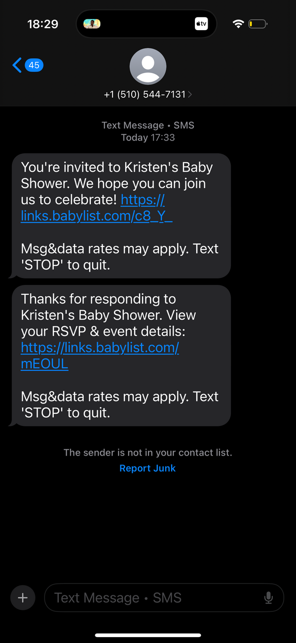 Transactional SMS invite and RSVP confirmation for Kristen's Baby Shower