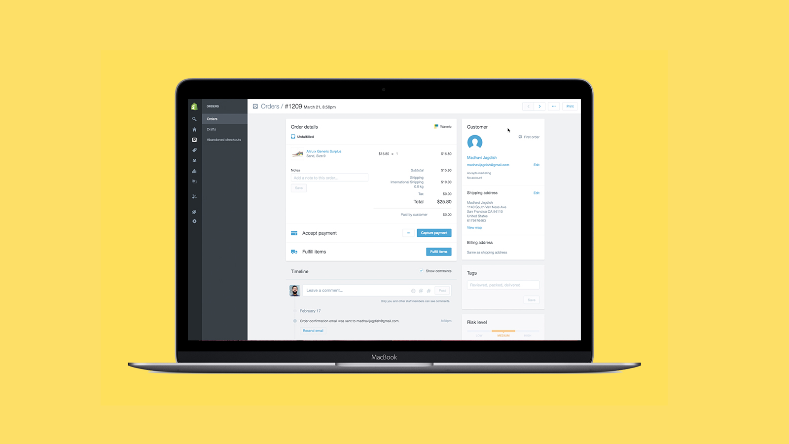 A Shopify order detail view showing a Wanelo purchase, customer, and fulfillment status