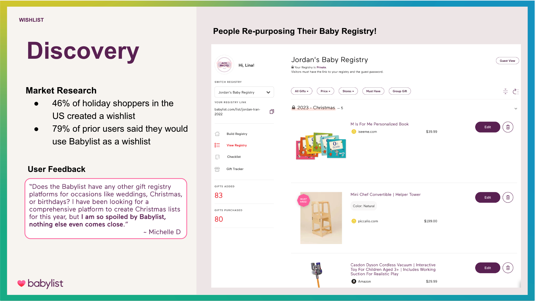 Discovery notes on baby registry repurposing and the case for expanding beyond registries