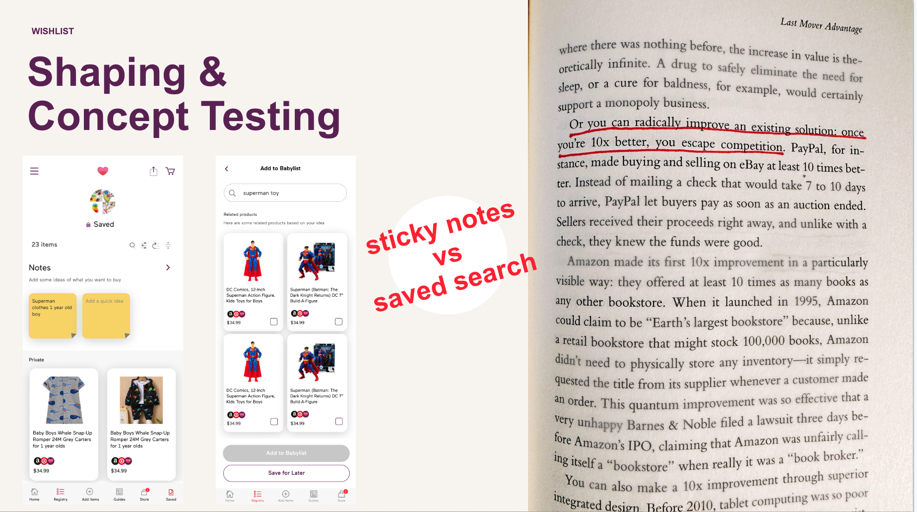 Concept test comparing saving notes in-app versus photo search sourced from Google Shopping