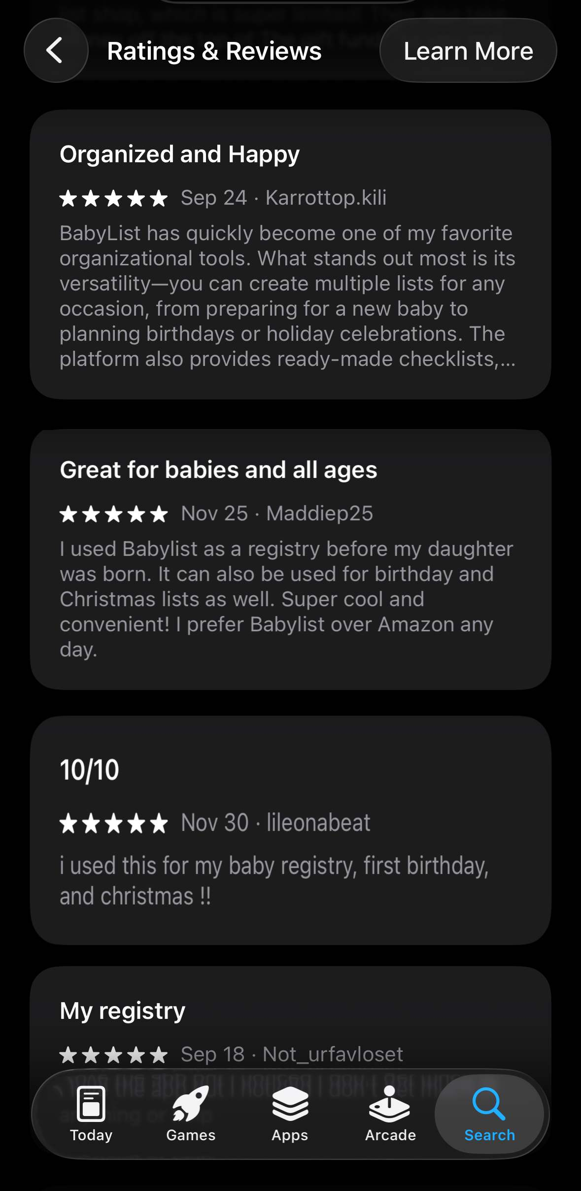 Five-star App Store reviews mentioning using Babylist for baby registries, birthdays, and Christmas lists